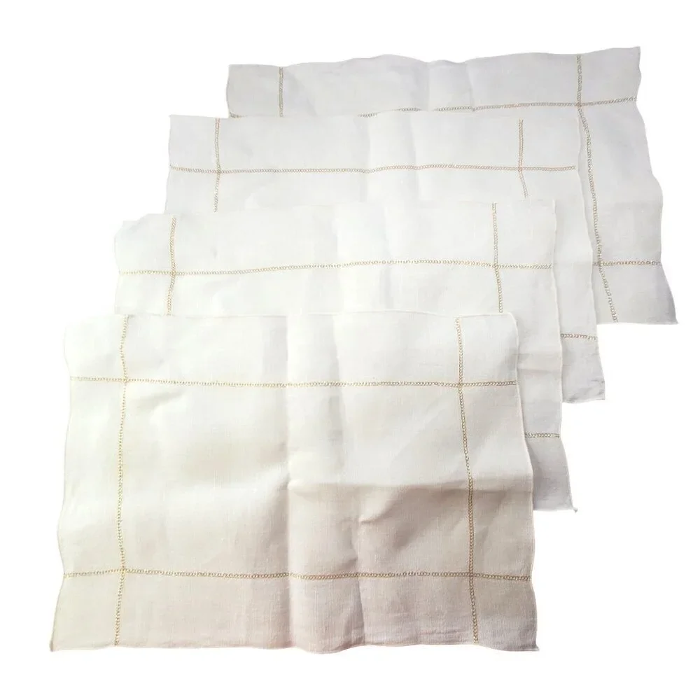 4 Vintage Ivory Cutwork Linen Napkins Placemat Gold Embroidered Border 16.5
